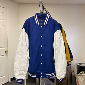 Men's Blue and White Varsity Bomber Jacket